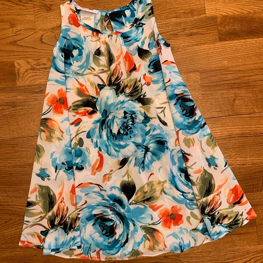 Kids dress, cream with turquoise flowers/accents